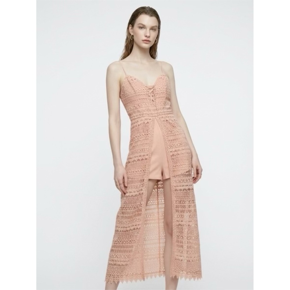 BEBE Lace Maxi Romper Dress Peach Pink Lace‎ Up V-Neck Sleeveless Boho Overlay